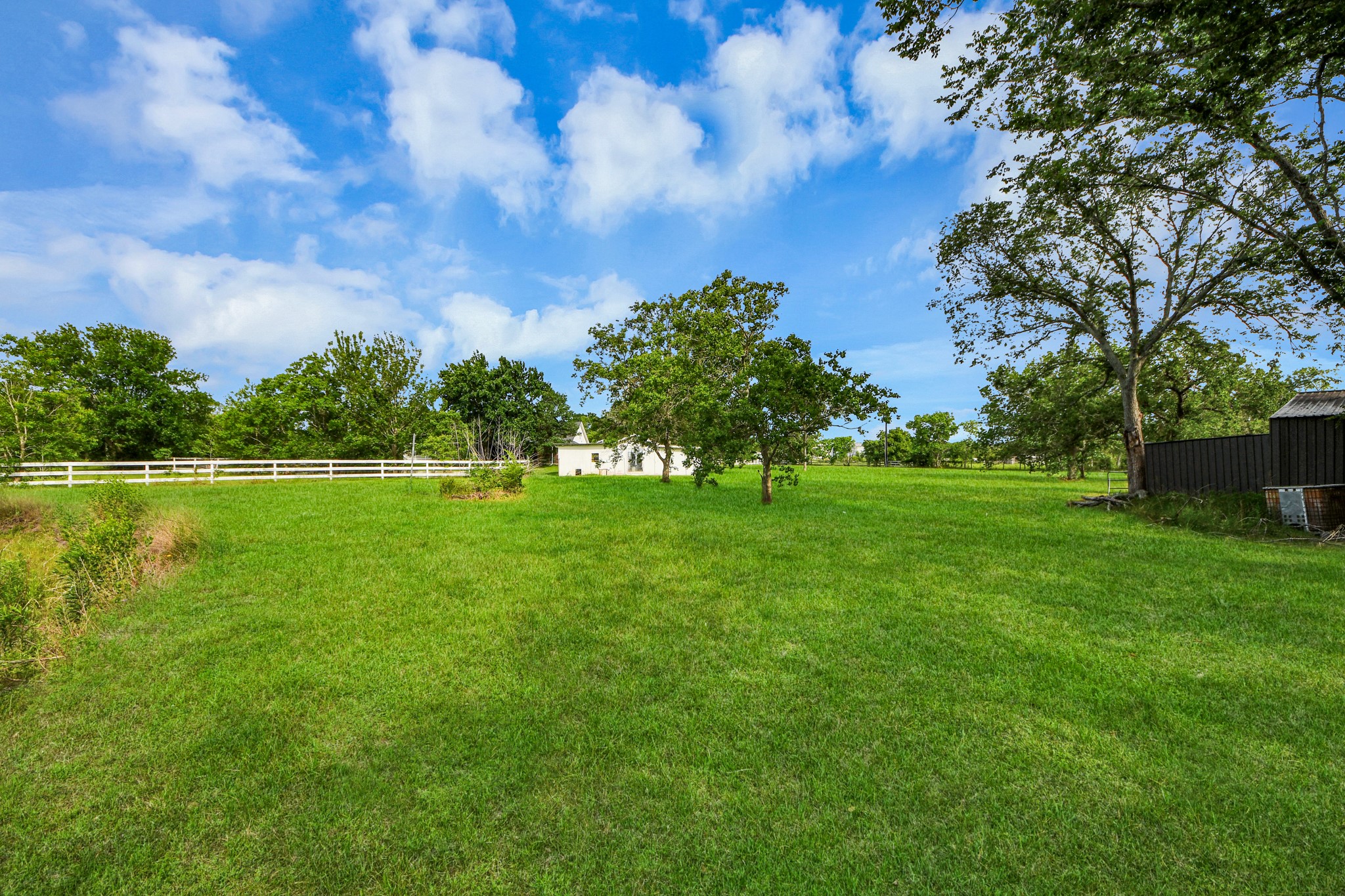 12746 Roy Road Pearland, TX 77581 - Photo 43 of 47 Expansive green lawn with mature trees, a small outbuilding, and a white fence, offering a serene, spacious outdoor setting perfect for relaxation or gardening.