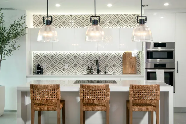 a building exterior with furniture