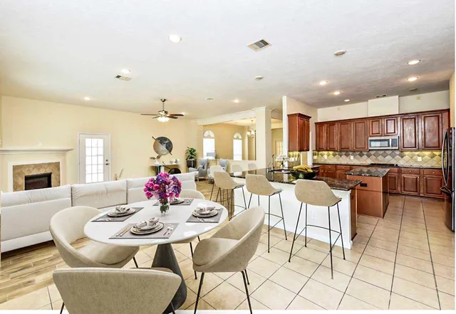 a view of a dining room with furniture