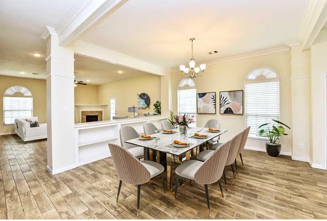 a view of a dining room and livingroom view