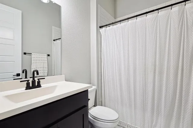 a bathroom with a sink a toilet a mirror and shower curtain
