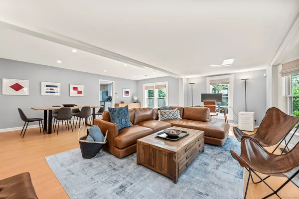 a living room with furniture a rug and a window