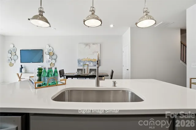 a kitchen with a sink a counter space appliances and cabinets