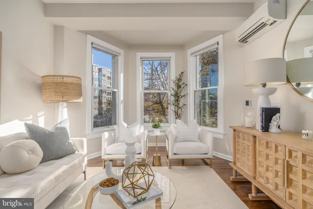 a living room with furniture and a large window