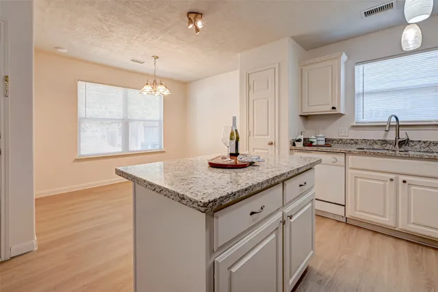a kitchen with stainless steel appliances granite countertop a sink a stove cabinets and wooden floor