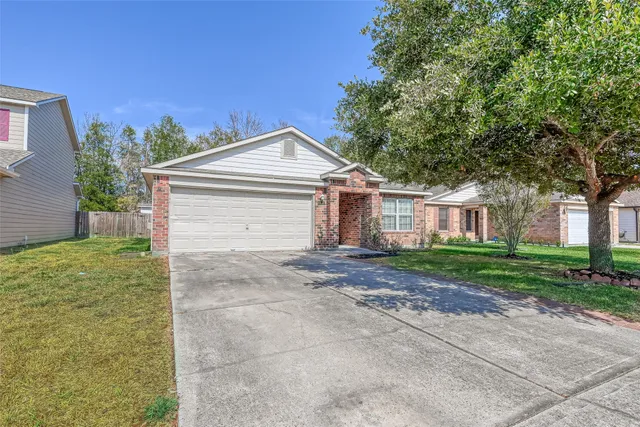a view of a yard in front of a house with plants and large tree