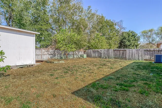 a view of a backyard with large tree and wooden fence