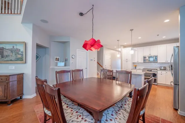 a view of a dining room with furniture