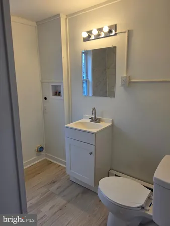 a bathroom with a toilet a sink and mirror