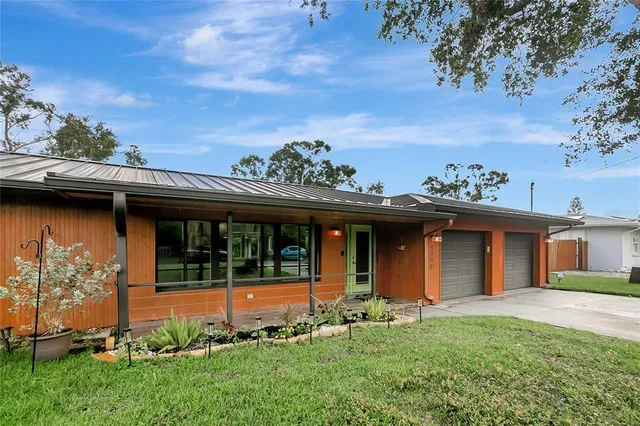 a porch with a glass door