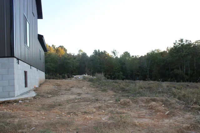 a view of a dry yard with trees