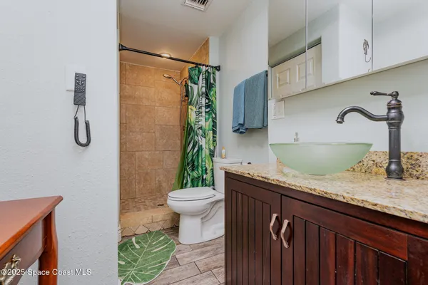 a bathroom with a sink a toilet and a shower