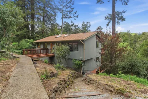 a backyard of a house with large trees and a lots of trees