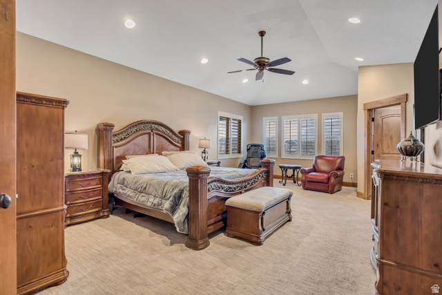 896 West 675 South Mapleton, UT 84664 - Photo 15 of 77 Bedroom featuring a ceiling fan, light colored carpet, recessed lighting, and lofted ceiling