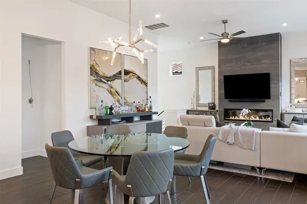 a view of a dining room with furniture
