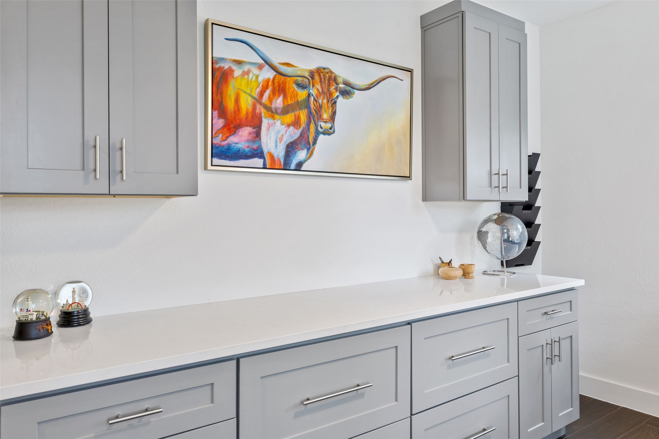 408 Rose Branch Way, Unit 24 Austin, TX 78738 - Photo 34 of 39 Bar area with gray cabinetry, light stone countertops, and dark wood-style floors