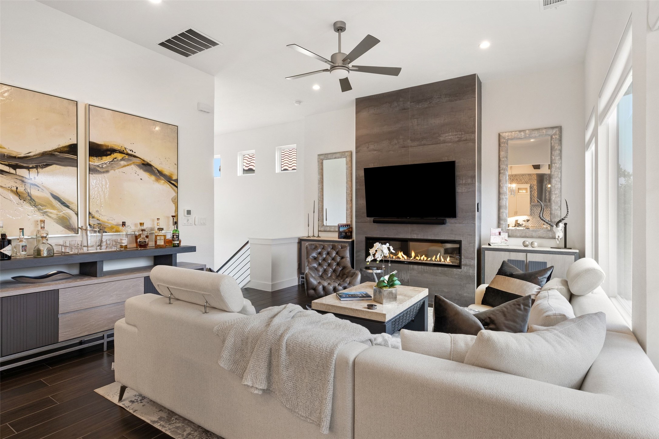 408 Rose Branch Way, Unit 24 Austin, TX 78738 - Photo 5 of 39 Living area with dark wood-style floors, a tile fireplace, ceiling fan, and recessed lighting