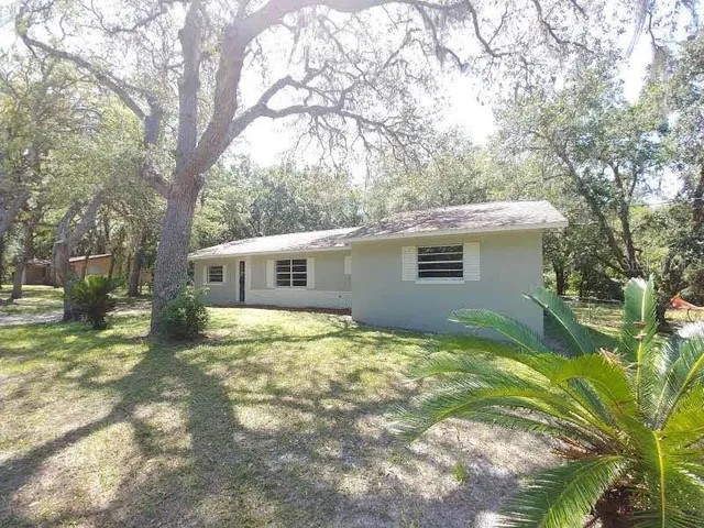 a view of a yard in front of a house with large tree