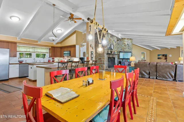 a view of a dining room with furniture