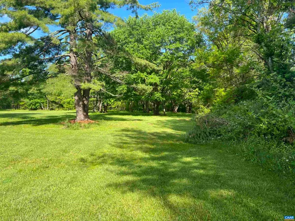 a backyard of a building with large trees