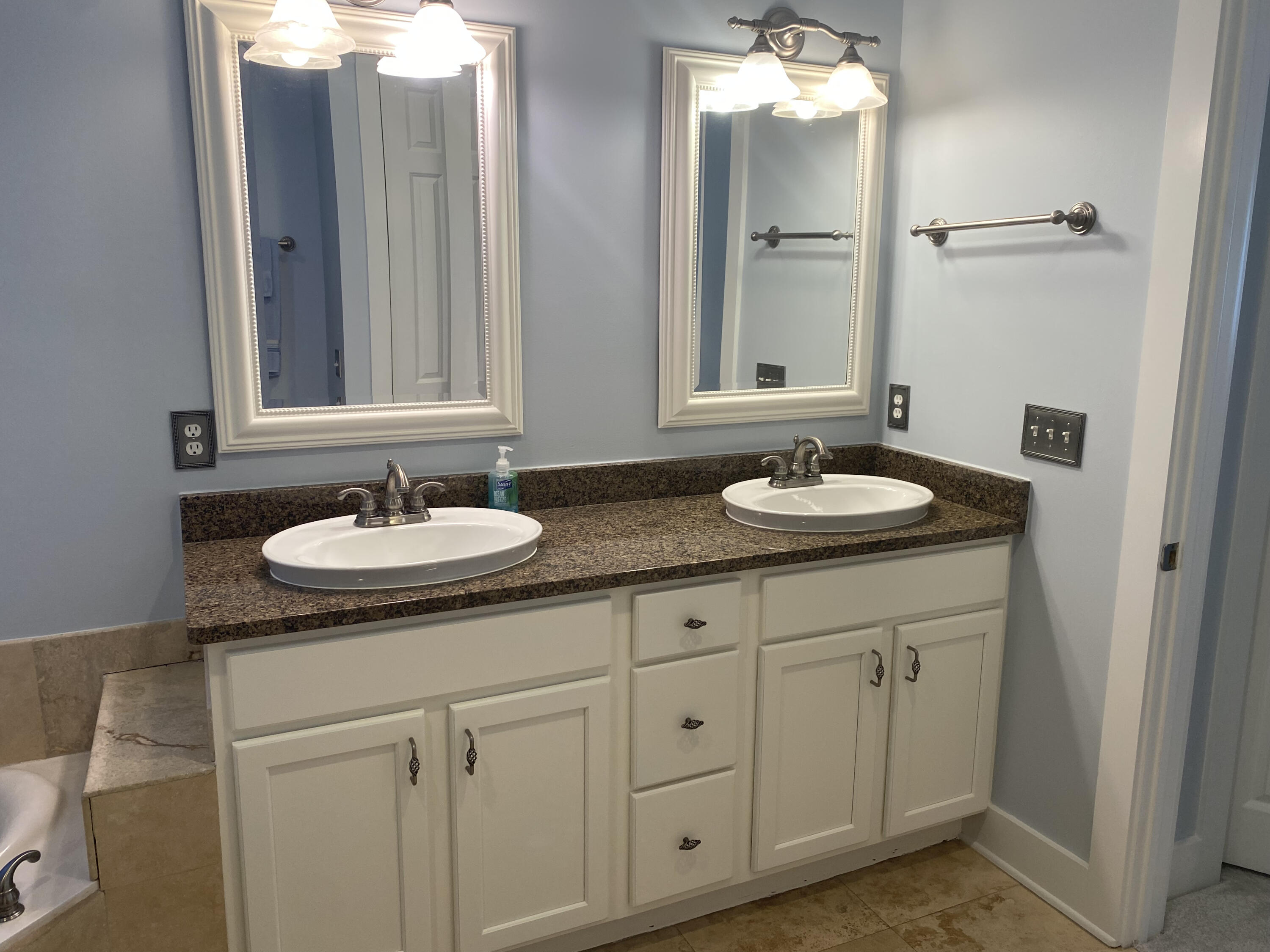 9 East Blue Crab Loop Inlet Beach, FL 32461 - Photo 20 of 55 a bathroom with a granite countertop sink and a mirror