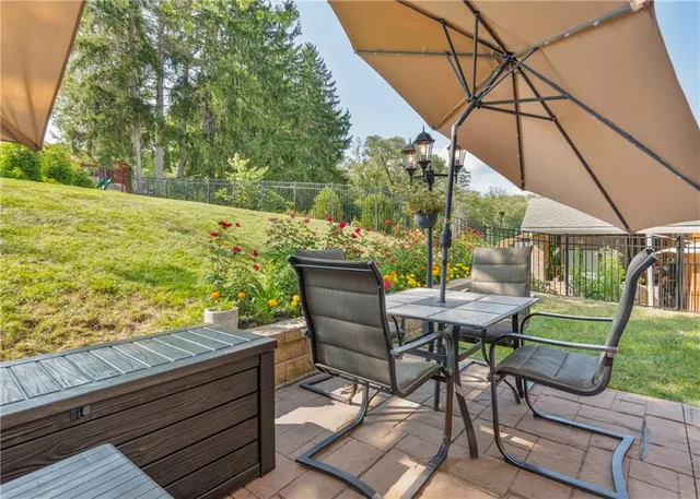 a view of a patio with table and chairs and potted plants