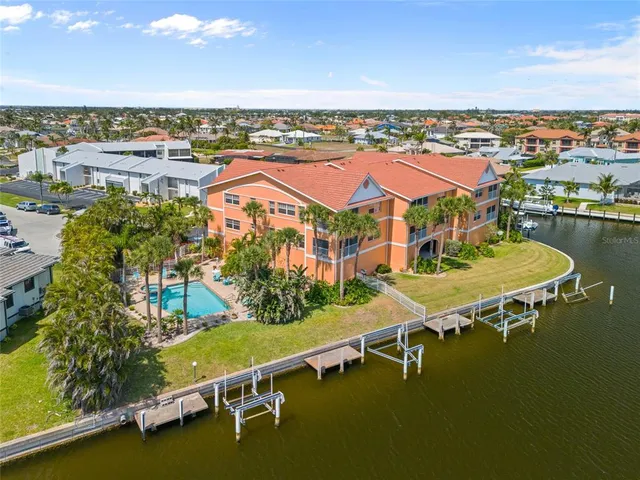 a view of a lake with a terrace