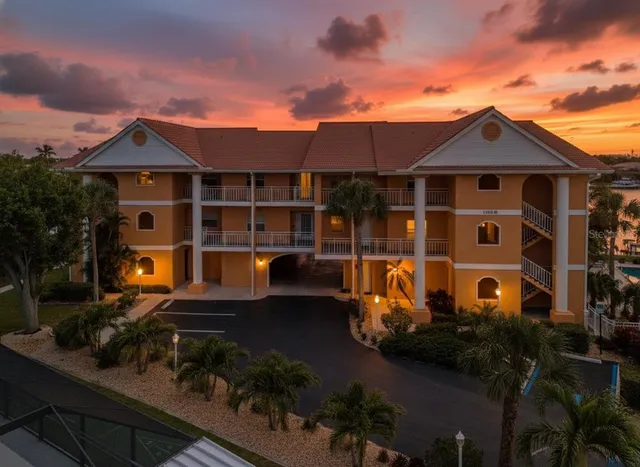 an outdoor space with furniture