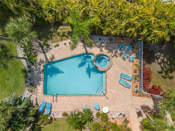 a view of a swimming pool with a patio and a garden
