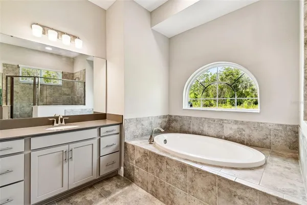 a bathroom with a granite countertop sink a large mirror and a bathtub