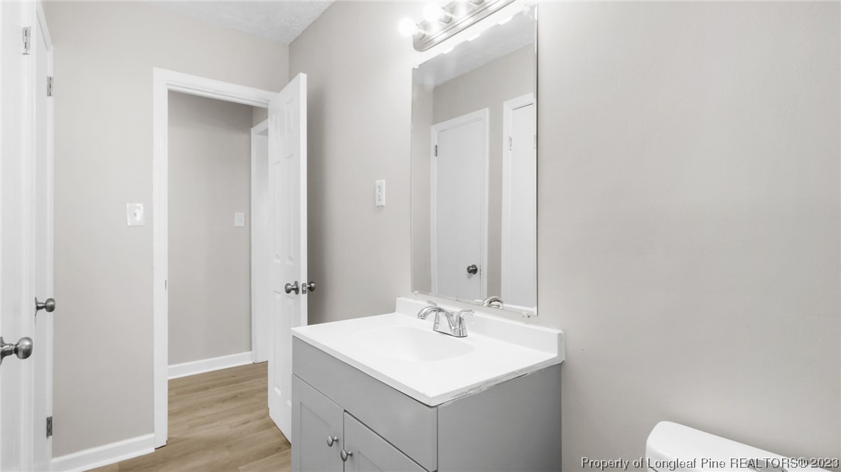 6114 Sandy Creek Road Stedman, NC 28391 - Photo 15 of 34 a bathroom with a sink a toilet and a mirror