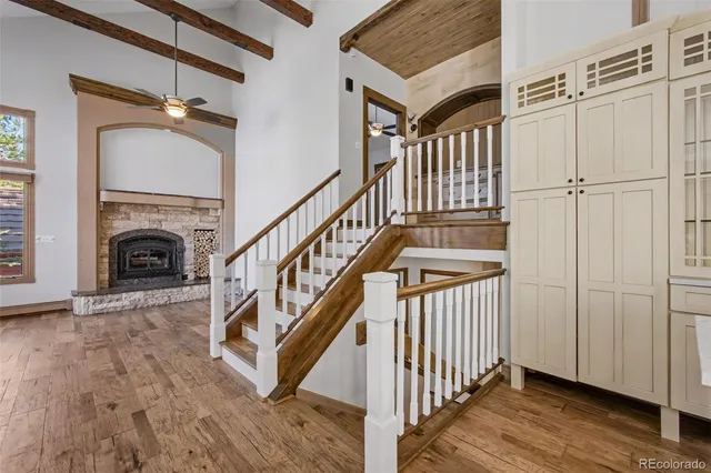 a bathroom with a glass shower door