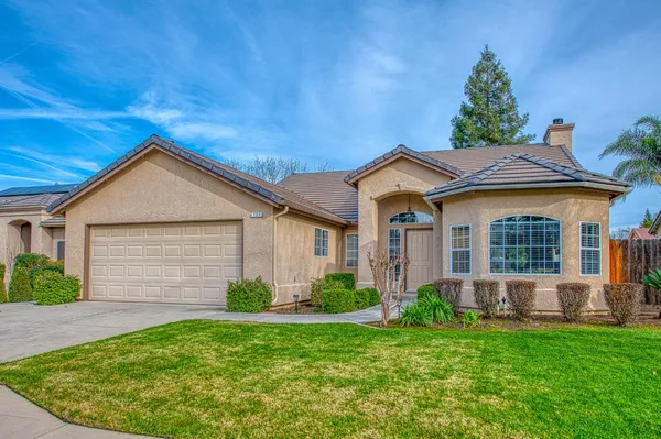a view of a house with a small yard plants and a large tree