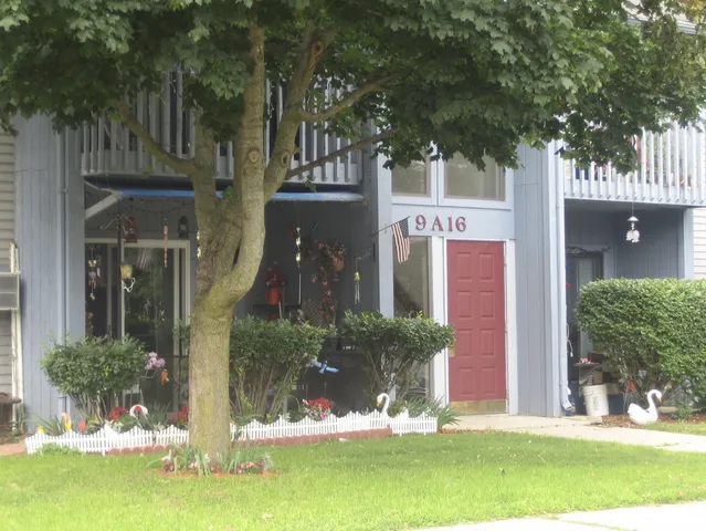 front view of house with a yard and an trees