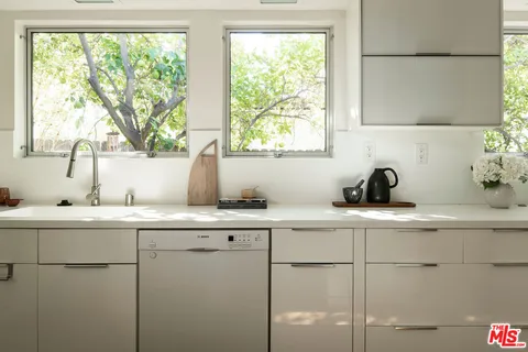 a kitchen with a sink and stainless steel appliances