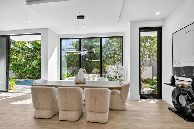 a dining room with furniture window and wooden floor
