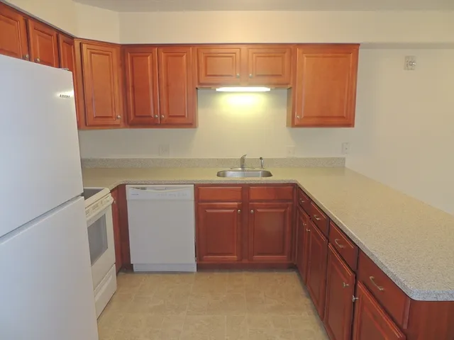 a kitchen with a refrigerator sink and cabinets