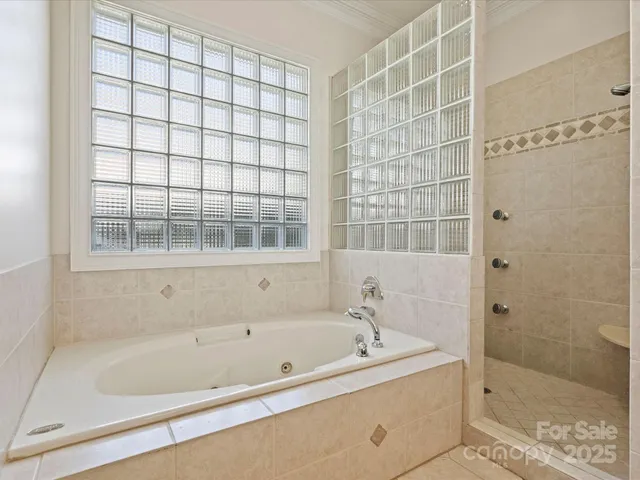 a bathroom with a bathtub and shower