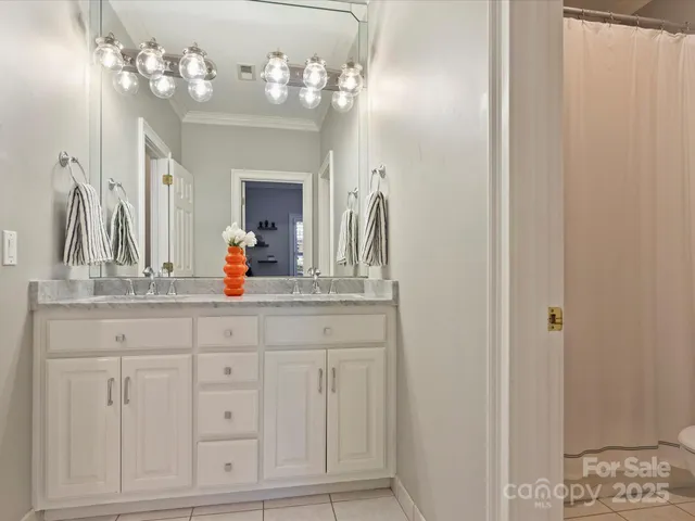 a bathroom with a sink vanity and a mirror