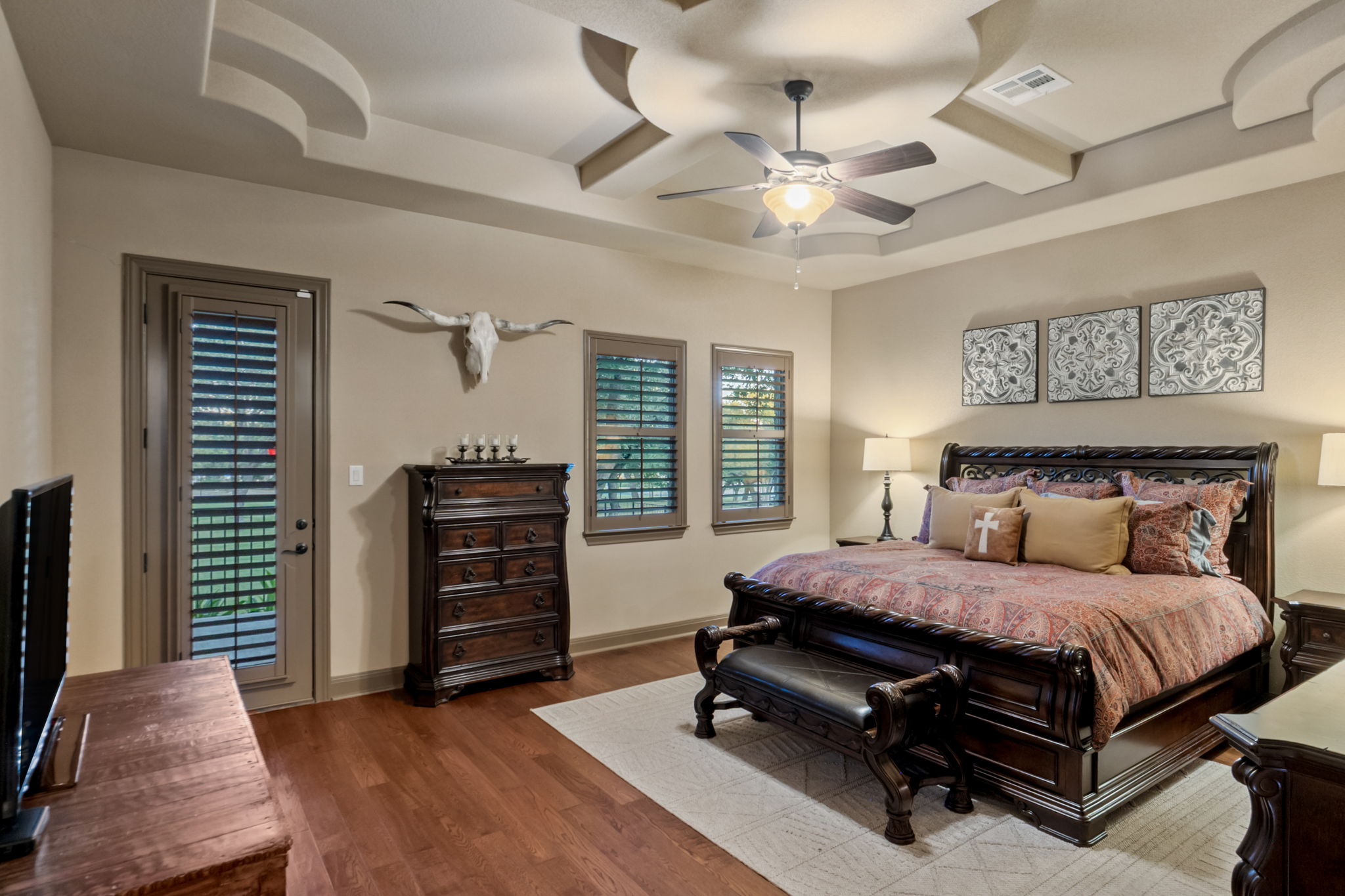104 Vista Lane Georgetown, TX 78633 - Photo 13 of 36 Excellence abounds in the Primary suite with another designer ceiling and private access to the back patio.