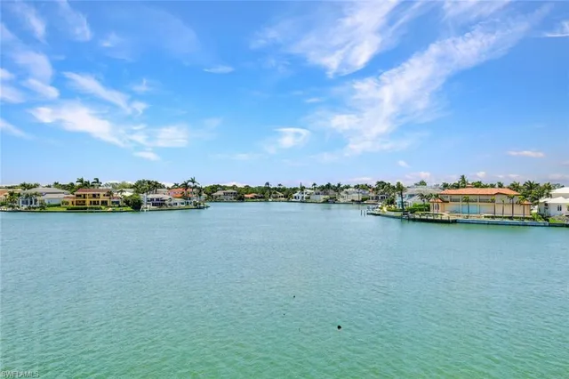 a view of a ocean with boats and trees in the background