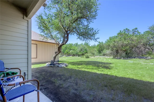 a view of backyard with plants and large trees