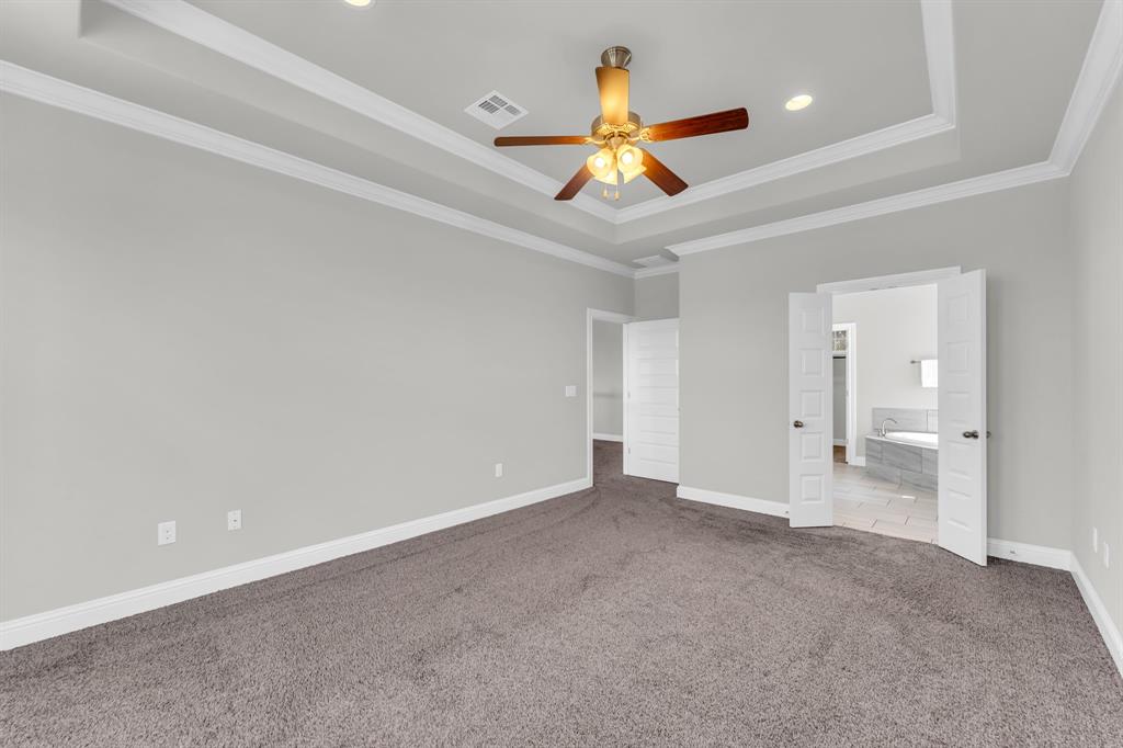110 Magona Trail Georgetown, TX 78628 - Photo 31 of 38 A quiet retreat with a classic tray ceiling and soft carpeting awaits, featuring double doors leading to a private bath.