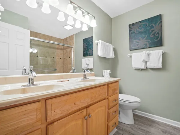 a bathroom with a sink a toilet and a large mirror