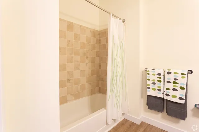 a bathroom with a shower and a bathtub