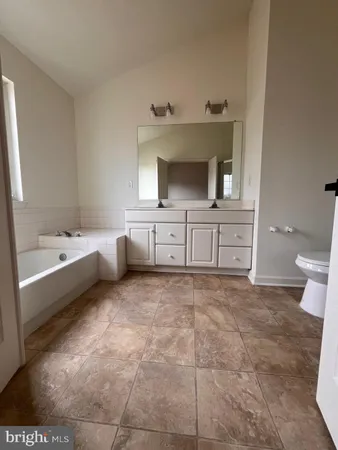 a bathroom with a bathtub sink and mirror