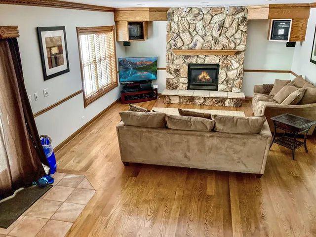 a fireplace with a outdoor space