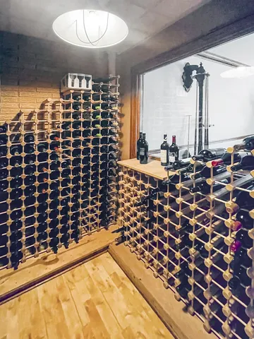 a aerial view of a house with a big yard and large trees