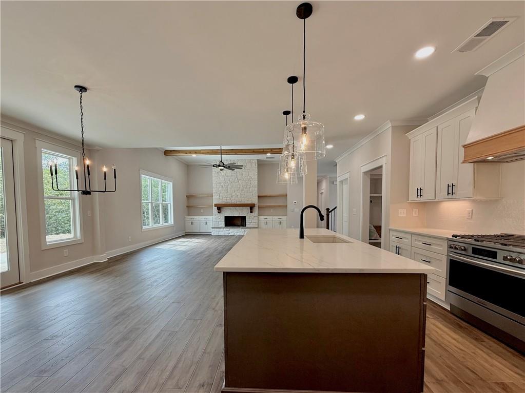 141 Palisade Drive Rydal, GA 30171 - Photo 17 of 50 a large kitchen with kitchen island a stove a sink a center island and wooden floor