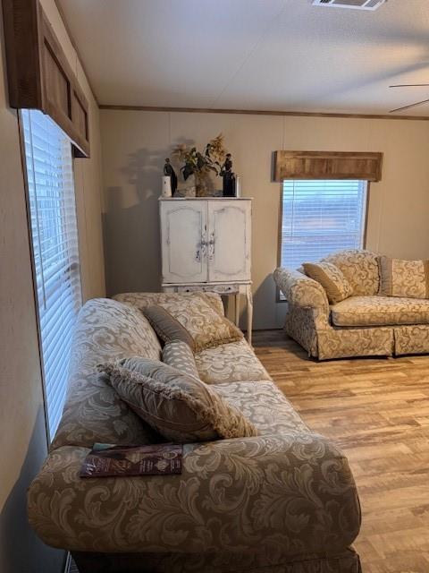 6218 Cr-4813 Pecan Gap, TX 75469 - Photo 19 of 30 Living area featuring visible vents, a ceiling fan, crown molding, and light wood-style floors